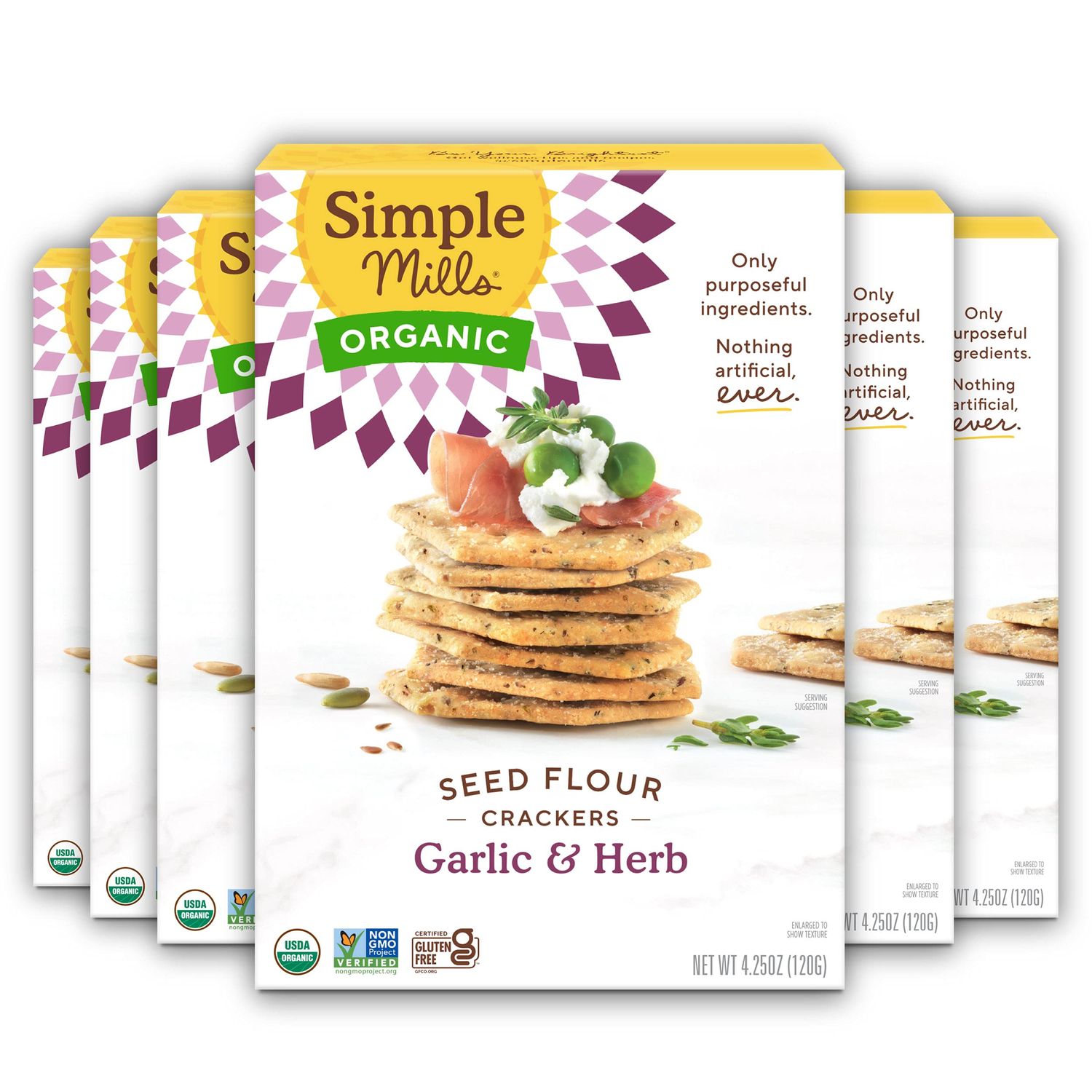 Simple Mills Organic Seed Crackers, Garlic &amp; Herb - Gluten Free, Vegan, Healthy Snacks, Paleo Friendly, 4.25 Ounce (Pack of 6)