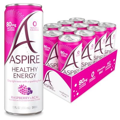 ASPIRE Raspberry Acai, Healthy Energy Drink with Low Caffeine, No Sugar, Carbs, and Keto Friendly, 12 Pack
