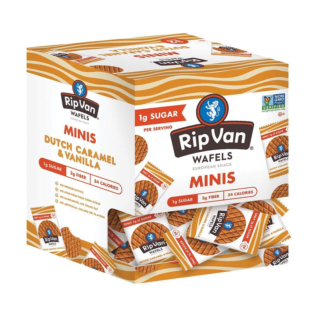 Rip Van Wafels Dutch Caramel Mini Stroopwafels, Low Carb Snacks, Non GMO Snack, Keto Friendly, Office Snacks, Low Calorie Snack, Low Sugar, 32 Pack