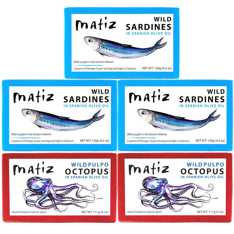 Matiz Sardines and Octopus Pulpo in Olive oil (Variety Pack of 5)