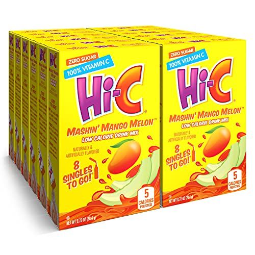 Hi-C Singles to Go Mashin&#39; Mango Melon, Zero Sugar Powdered Drink Mix, Excellent Source of Vitamin C, 8 Packets per Box, 8 Count (Pack of 12)