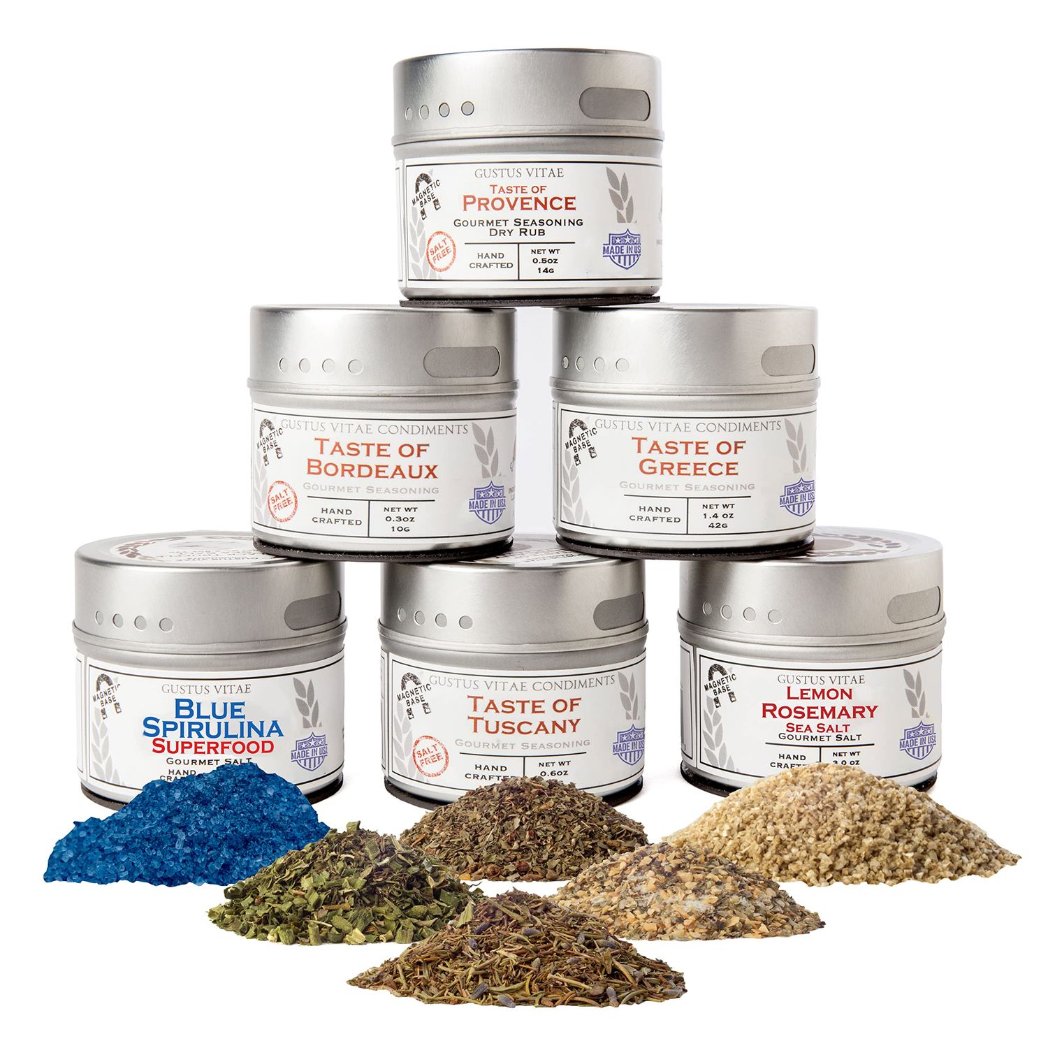 Luxury Gourmet Seasonings, Spices &amp; Infused Sea Salts Collection - Non GMO - 6 Magnetic Tins - All Natural - Sustainably Sourced - Artisanal Spice Blends - Crafted in Small Batches