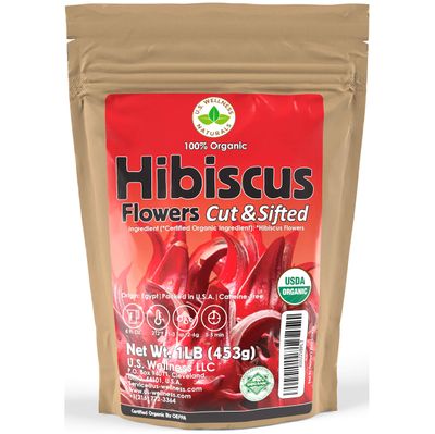 Hibiscus Tea 1LB (16Oz) 100% CERTIFIED Organic Hibiscus Flowers Herbal Tea (CUT&amp;SIFTED), Caffeine Free Tea (200+ cups) 1 lb. Bulk Resealable Kraft BPA-Free Bag