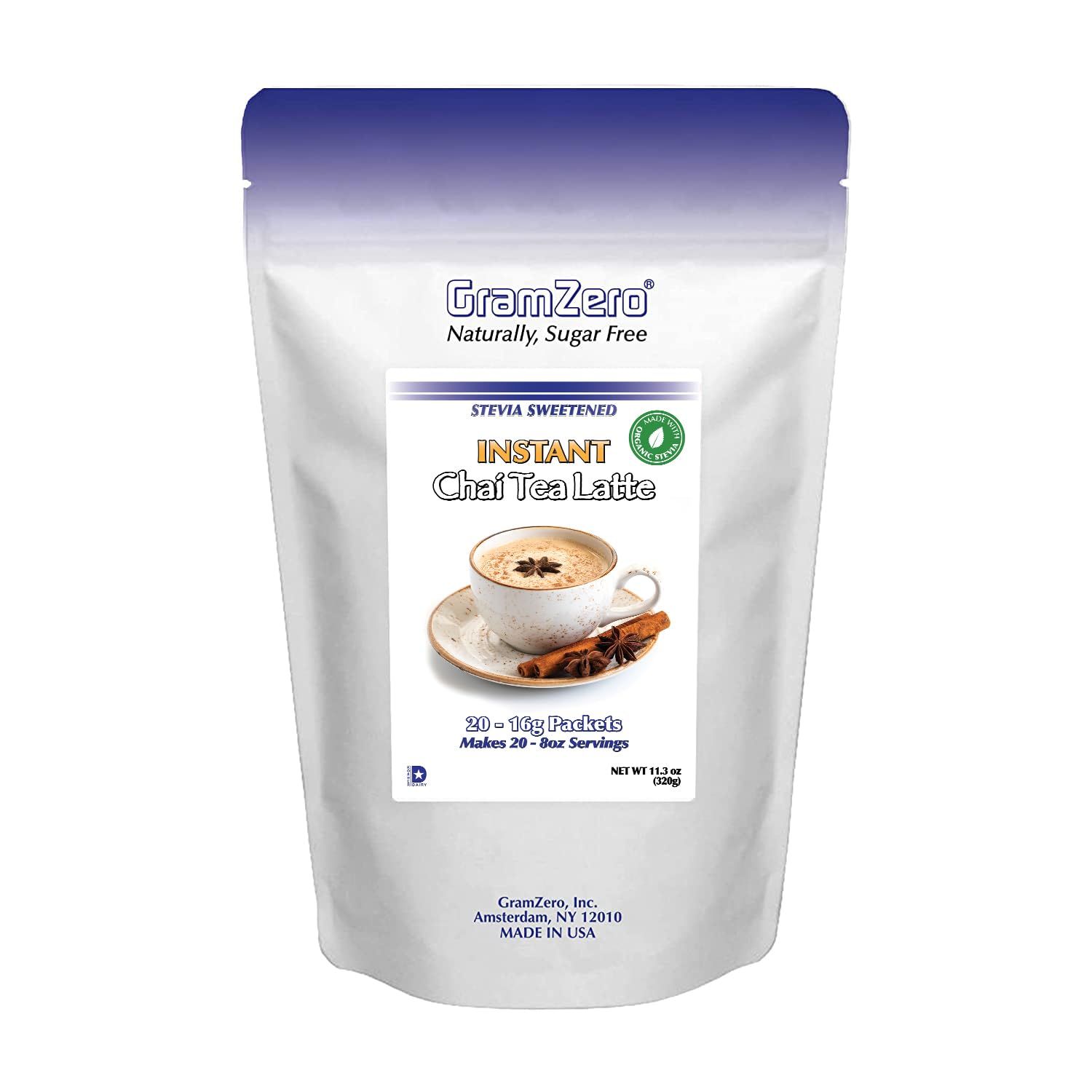 Gramzero Premium Chai Latte Powder Mix | Best Chai Drink Mix | No Sugar Added | Kosher | Stevia Sweetened | 20 Single Serve Packets | Each Packet Makes 8fl Oz Rich and Delicious Instant Chai Tea Latte