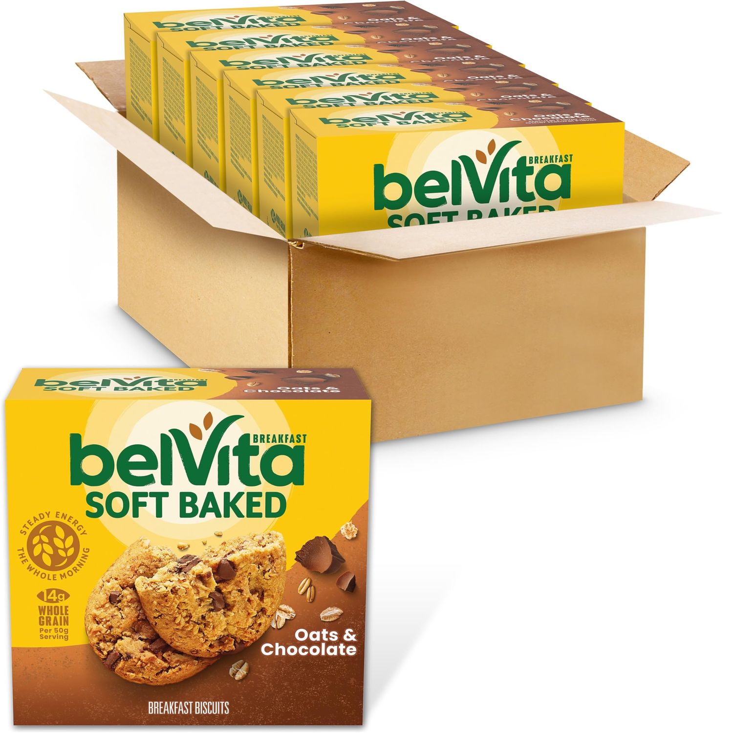 belVita Soft Baked Oats &amp; Chocolate Breakfast Biscuits, Chewy Breakfast Bars, 6 Boxes of 5 Packs (1 Biscuit Per Pack)