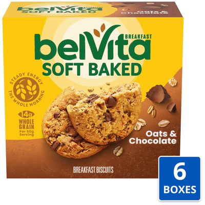 belVita Soft Baked Oats &amp; Chocolate Breakfast Biscuits, Chewy Breakfast Bars, 6 Boxes of 5 Packs (1 Biscuit Per Pack)