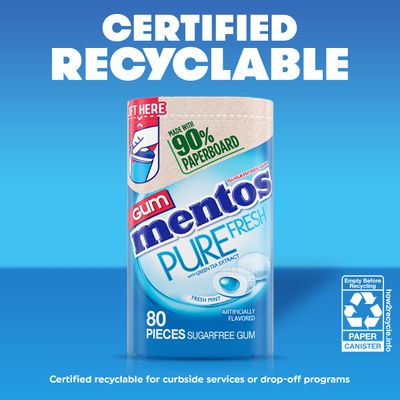 Mentos Pure Fresh Sugar-Free Chewing Gum with Xylitol, Fresh Mint, in a recyclable 90% Paperboard Bottle, 80 Piece (Pack of 1)