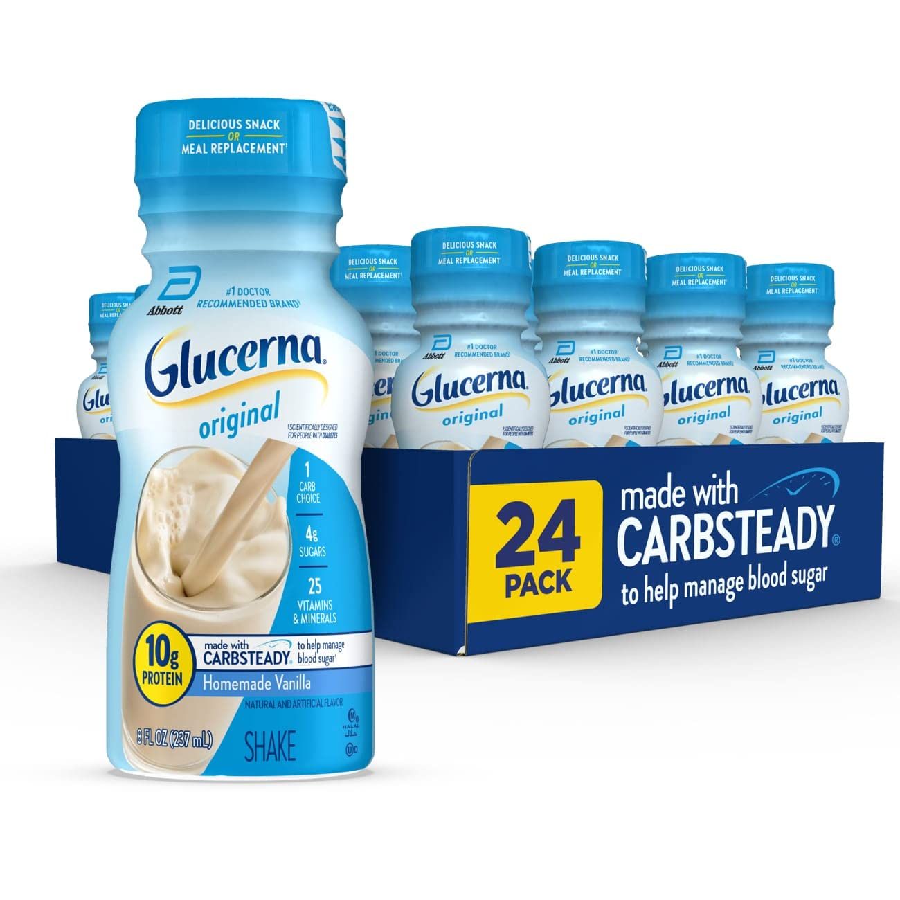 Glucerna Original Nutritional Shake, Diabetic Drink to Support Blood Sugar Management, 10g Protein, 180 Calories, Homemade Vanilla, 8-fl-oz Bottle, 24 Count