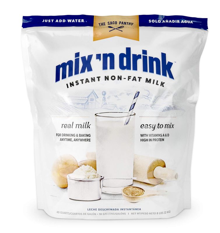 SACO Mix &#39;n Drink Instant Non-Fat Milk Powder, 8 LBS (Makes 10 Gallons) | Contains Vitamins A&amp;D, High in Calcium and Protein | Fat-Free, Gluten-Free, GMO-Free, rBST Free, Nut Free