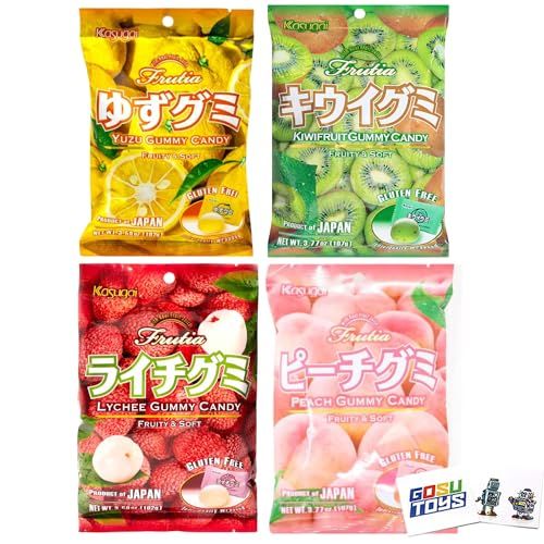 Kasugai Japanese Gummy Candy with Real Fruit Juice (4 Pack) (Yuzu, Kiwifruit, Lychee, Peach) Gift Bag Set Assortment