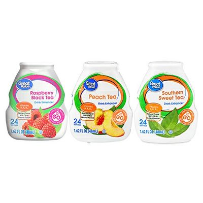 Great Value Liquid Flavor Enhancer Tea Selection - Southern Sweet tea, Peach, Raspberry-Black Tea. Sugar-Free, t. 6 Bottles 1.62 oz each