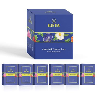 BLUE TEA  Hibiscus Assortment Tea Gift Box  6 Floral Blends 5x6  30 Plant Based Tea Bags  FLOWER BASED  NON BITTER  CaffeineFree  Vegan  Fathers Day Gift for Dad from Daughter  Son