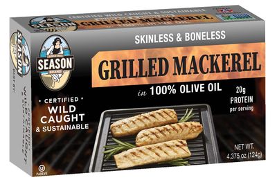 Season Grilled Mackerel in Olive Oil - Skinless &amp; Boneless Mackerel Fillets, Wild Caught, Keto Snacks, Full of Vitamins, Low in Mercury, Kosher, Non-GMO, 20g of Protein - 4.37 Oz, 12-Pack