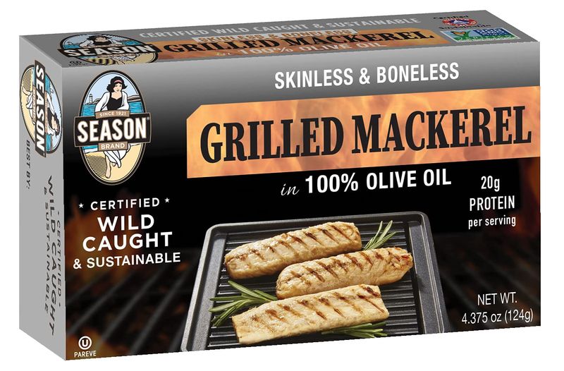 Season Grilled Mackerel in Olive Oil - Skinless &amp; Boneless Mackerel Fillets, Wild Caught, Keto Snacks, Full of Vitamins, Low in Mercury, Kosher, Non-GMO, 20g of Protein - 4.37 Oz, 12-Pack
