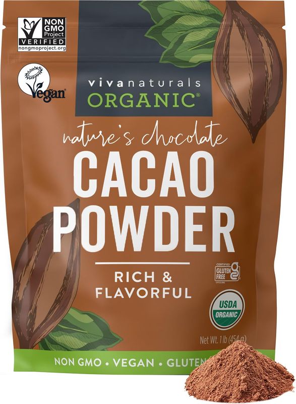 Viva Naturals Organic Cacao Powder, 1lb - Unsweetened Cacao Powder With Rich Dark Chocolate Flavor, Perfect for Baking &amp; Smoothies, Non-GMO, Certified Vegan &amp; Gluten-Free, 454 g