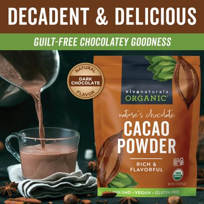 Viva Naturals Organic Cacao Powder, 1lb - Unsweetened Cacao Powder With Rich Dark Chocolate Flavor, Perfect for Baking &amp; Smoothies, Non-GMO, Certified Vegan &amp; Gluten-Free, 454 g
