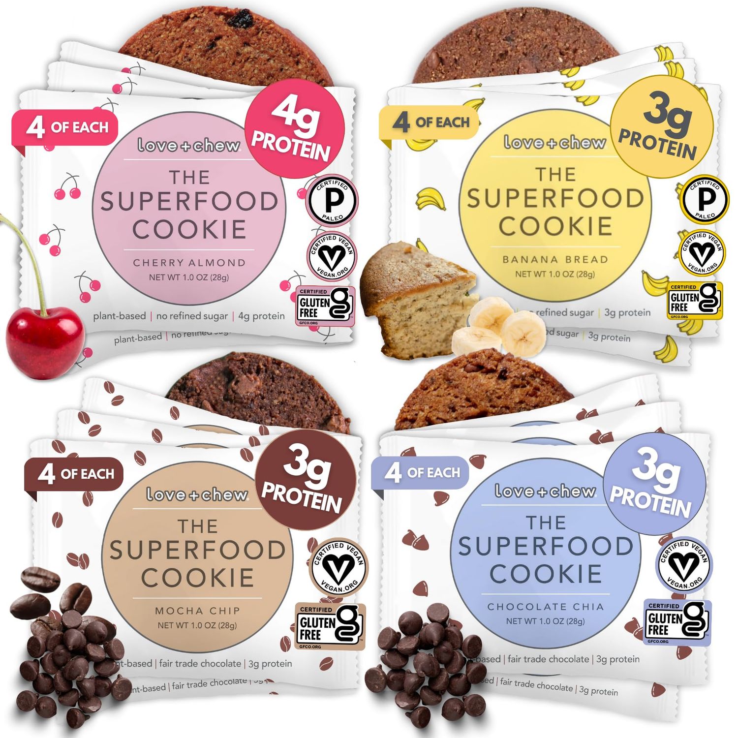 Love  Chew Variety Pack of Minis  16 Count  Tasty Gluten Free Cookies  Vegan  Healthy Paleo Non GMO Snacks  Individually Wrapped Soft Baked Cookies  Made from High Protein Almonds  1 Ounce Each