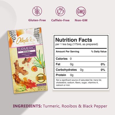 Olinda Turmeric Rooibos Tea Herbal Tea Caffeine Free Organic Pepper Tea Bags For Inflammation Antioxidant Rich 100% Natural Tea Brew Hot or Cold, 28 Tea Bags - Pack of 1