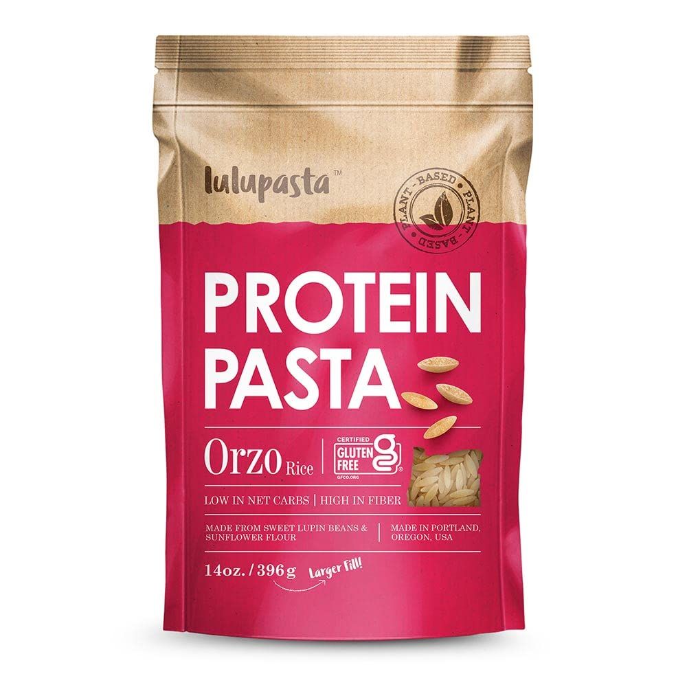 High Protein Pasta, 19g, Made with Lupin Flour &amp; Sunflower Flour, 4g Net Carb, Gluten Free, Keto Pasta, Low Carb Pasta, Lupin Pasta by lulupasta (Orzo, 1 Pack)