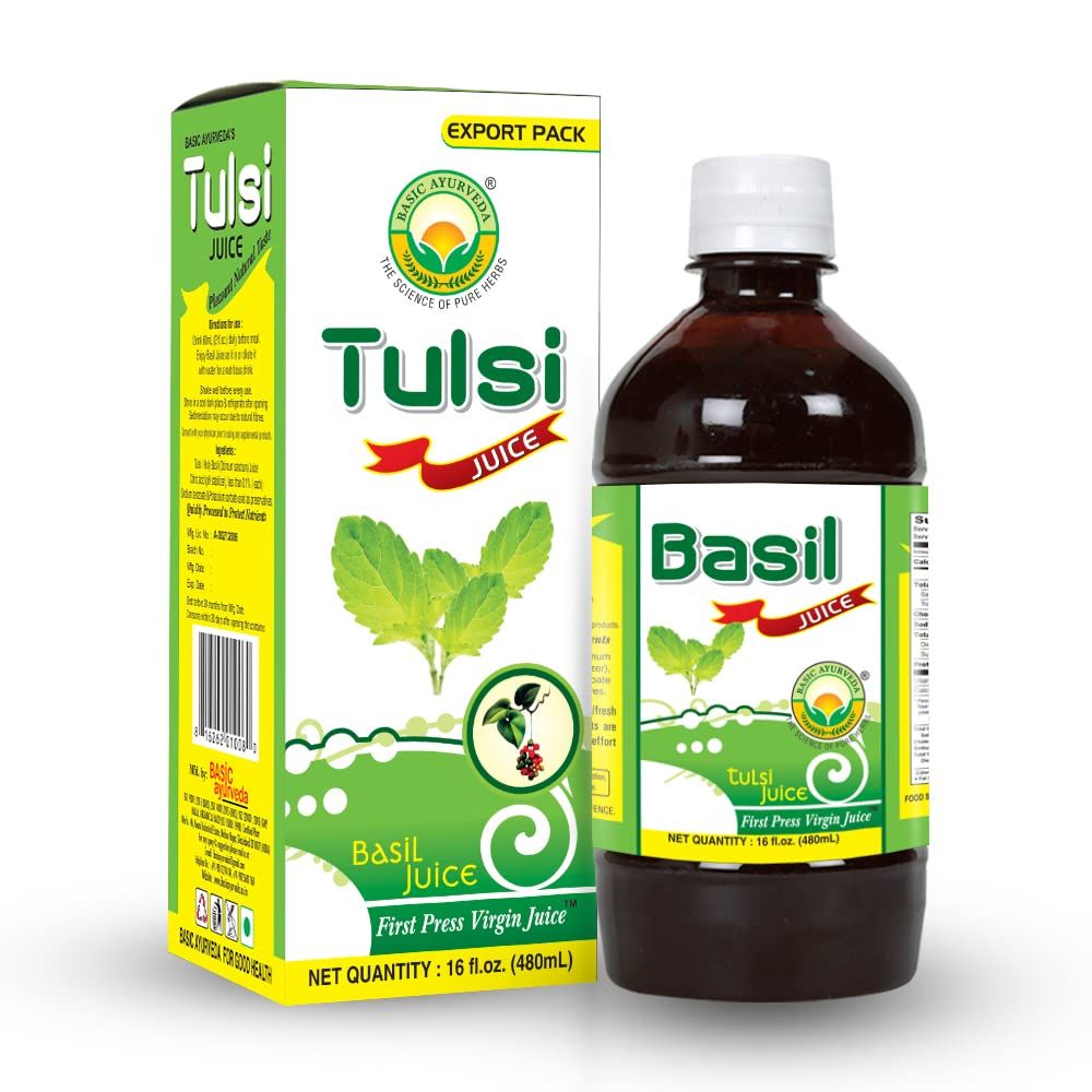 BASIC AYURVEDA Holy Basil (Tulsi) Juice | Extracted from Organic Tulsi Leaves | Herbal Juice for Skin Health | No Sugar Added | Support Healthy Digestion &amp; Immunity | 16.23 Fl Oz (480ml)