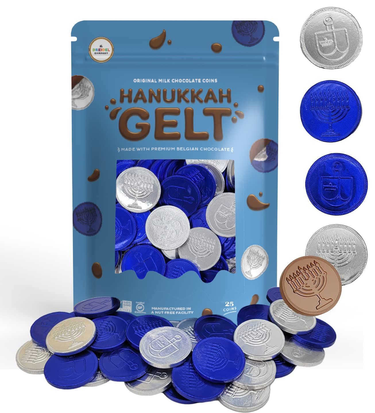 The Dreidel Company Milk Chocolate Coins, Hanukkah Gelt, Blue And Silver Coins, Made with Premium Belgian Chocolate, Nut and Gluten-Free, Non-GMO, Kosher Certified Dairy (25-Pack)