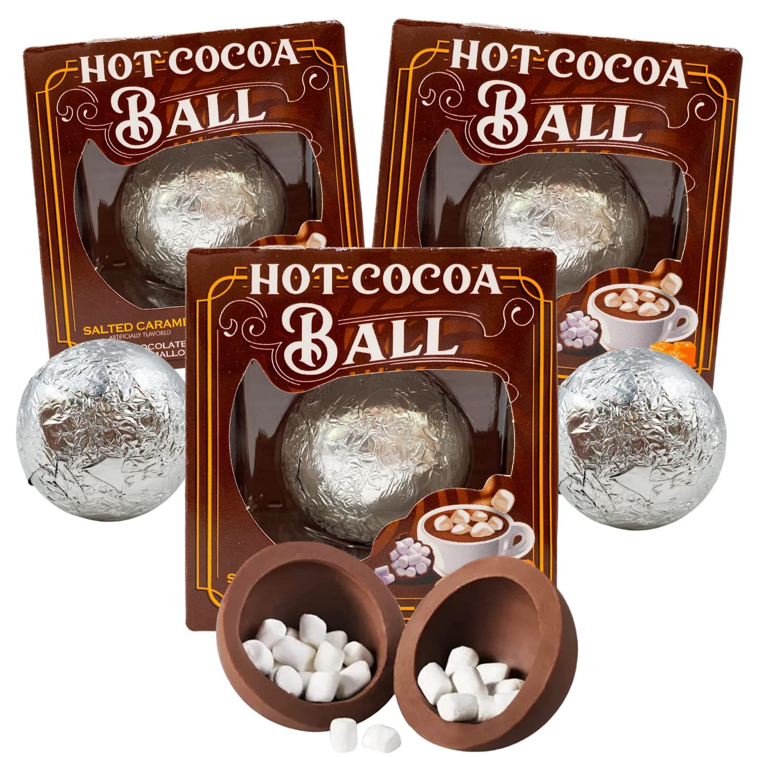 Hot Chocolate Salted Caramel Flavored Melting Balls, Bulk Cocoa with Mini Marshmallows Inside, Cute Candy Stocking Stuffers Party Favor Pack of 3 (Salted Caramel)