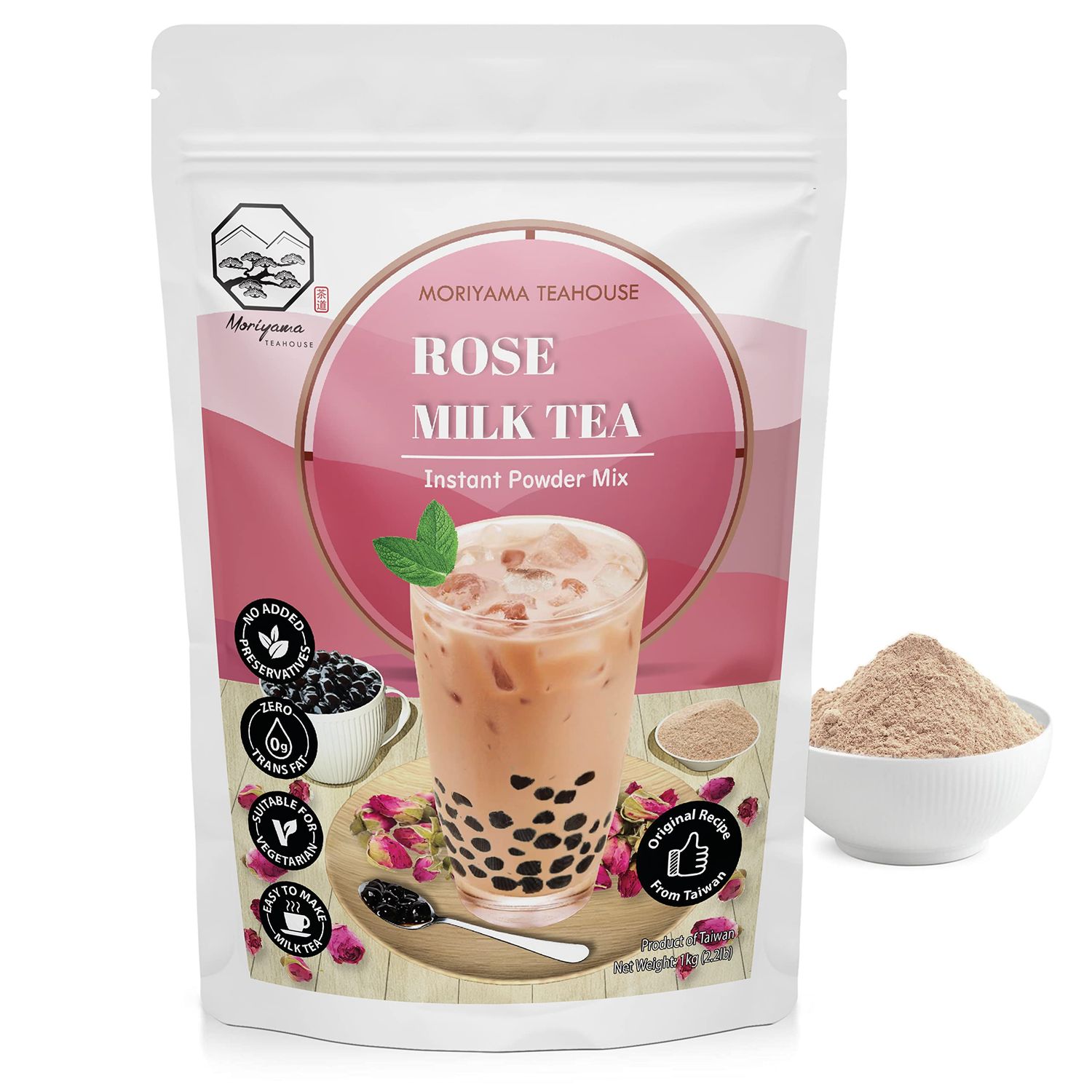 Rose Bubble Milk Tea Instant 3in1 Powder Mix - 1kg (33 Drinks) | For Boba Tea, Milkshake, Blended Frappe and Bakery | Authentic Taiwan Recipe | 0 Trans Fat, No Preservatives by Moriyama Teahouse