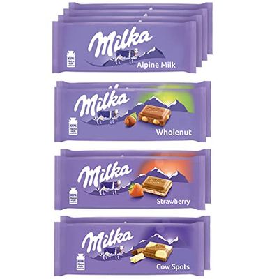 Milka European Chocolate Bars Variety Pack, Alpine Milk Chocolate, Cow Spots, Strawberry &amp; Wholenut Hazelnut, 10 - 3.52 oz Bars