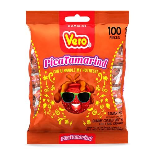 Vero PicaTamarind - Tamarind Flavor Chewy Gummy Treats Coated With Chili Powder &amp; Sugar 100 Pieces (5.15 Oz) - Mexican Candy - Individually Wrapped Gummies for Halloween, Piatas, and More