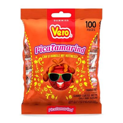 Vero PicaTamarind - Tamarind Flavor Chewy Gummy Treats Coated With Chili Powder &amp; Sugar 100 Pieces (5.15 Oz) - Mexican Candy - Individually Wrapped Gummies for Halloween, Piatas, and More
