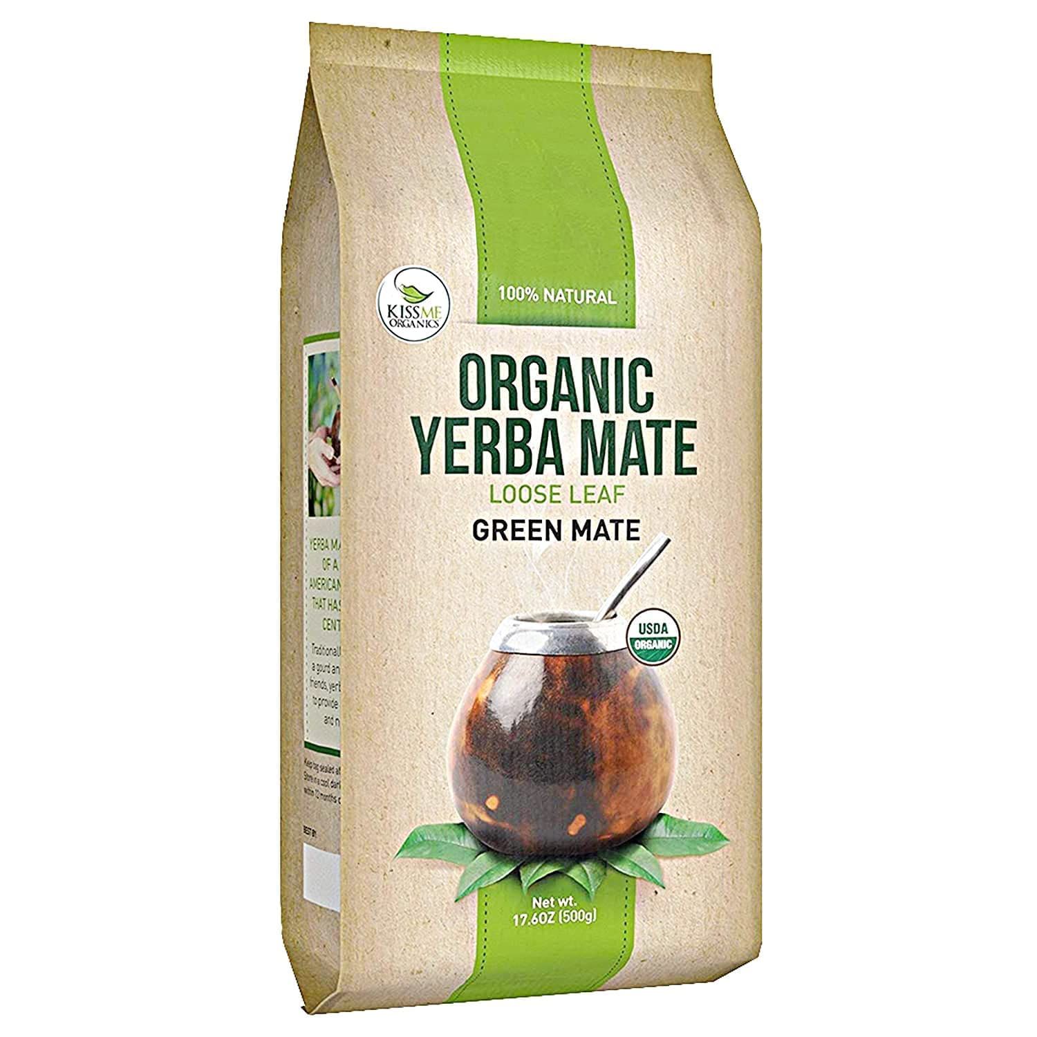 Kiss Me Organics Yerba Mate Tea - 17.6oz 100% Organic, Traditional, Loose Leaf Green Teas for a Hot or Cold Brew - Cultivated from Southern Brazil