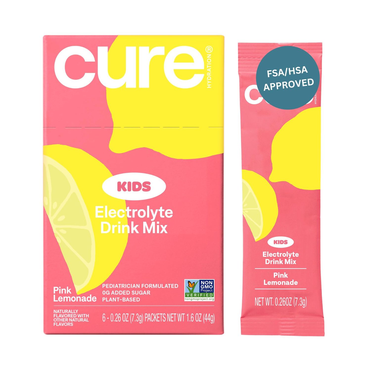 Cure Hydration - Kids Electrolyte Drink Mix | Plant-Based Pediatrician Formulated Rehydration | No Added Sugar, Non-GMO, Gluten-Free, No Artificial Flavors, FSA-HSA | Box of 6 Packets - Pink Lemonade