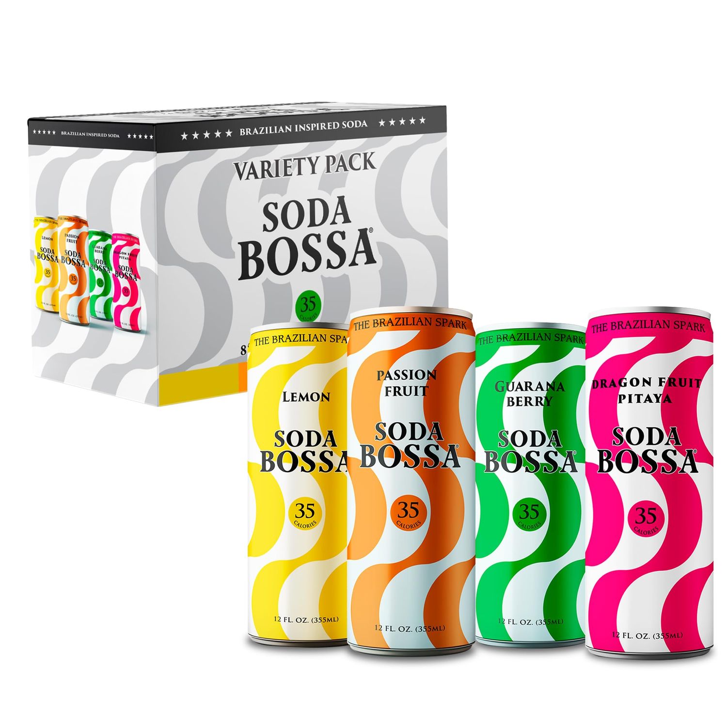 Soda Bossa Soda Variety Pack (Brazilian Inspired Soda), Real Cane Sugar, Low Calorie Canned Soda, Refreshing Tropical Flavored Sodas, Vegan Soda, Assorted Soda Pack of 8 Sodas (12 fl oz per Can Soda)