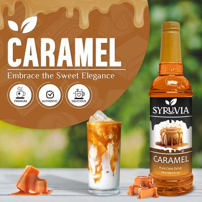 Syruvia Caramel Coffee Syrup - 25.4 fl oz. Premium Coffee Flavoring Syrup. Kosher, and Gluten-Free. Perfect for Enhancing Drinks, Sodas, Shakes, Desserts, and More.