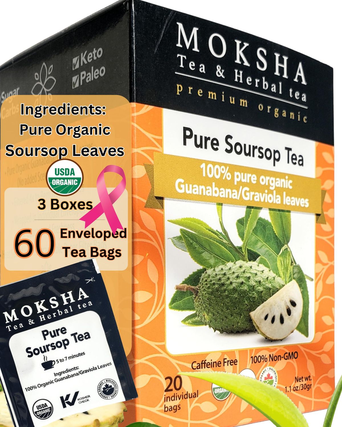 Pure Soursop Tea Case of 360 Organic Tea Bags made with Pure Graviola Leaf Guanabana Leaves Moksha Ayurveda