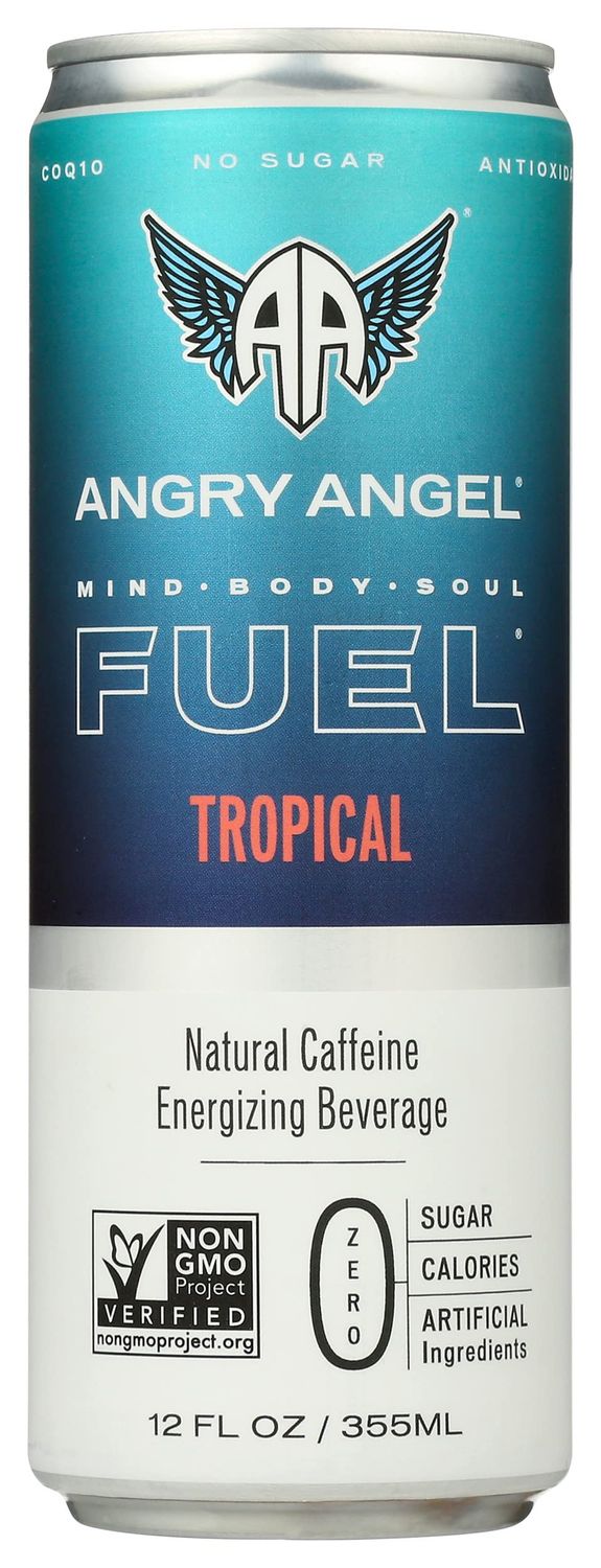 Angry Angel Tropical Energy Drink, Natural Caffeine, Energizing Beverage, Zero Sugar, Calories &amp; Artificial Ingredients, Keto, Non-GMO, 12 Fluid Ounce (Pack of 12)