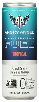 Angry Angel Tropical Energy Drink, Natural Caffeine, Energizing Beverage, Zero Sugar, Calories &amp; Artificial Ingredients, Keto, Non-GMO, 12 Fluid Ounce (Pack of 12)