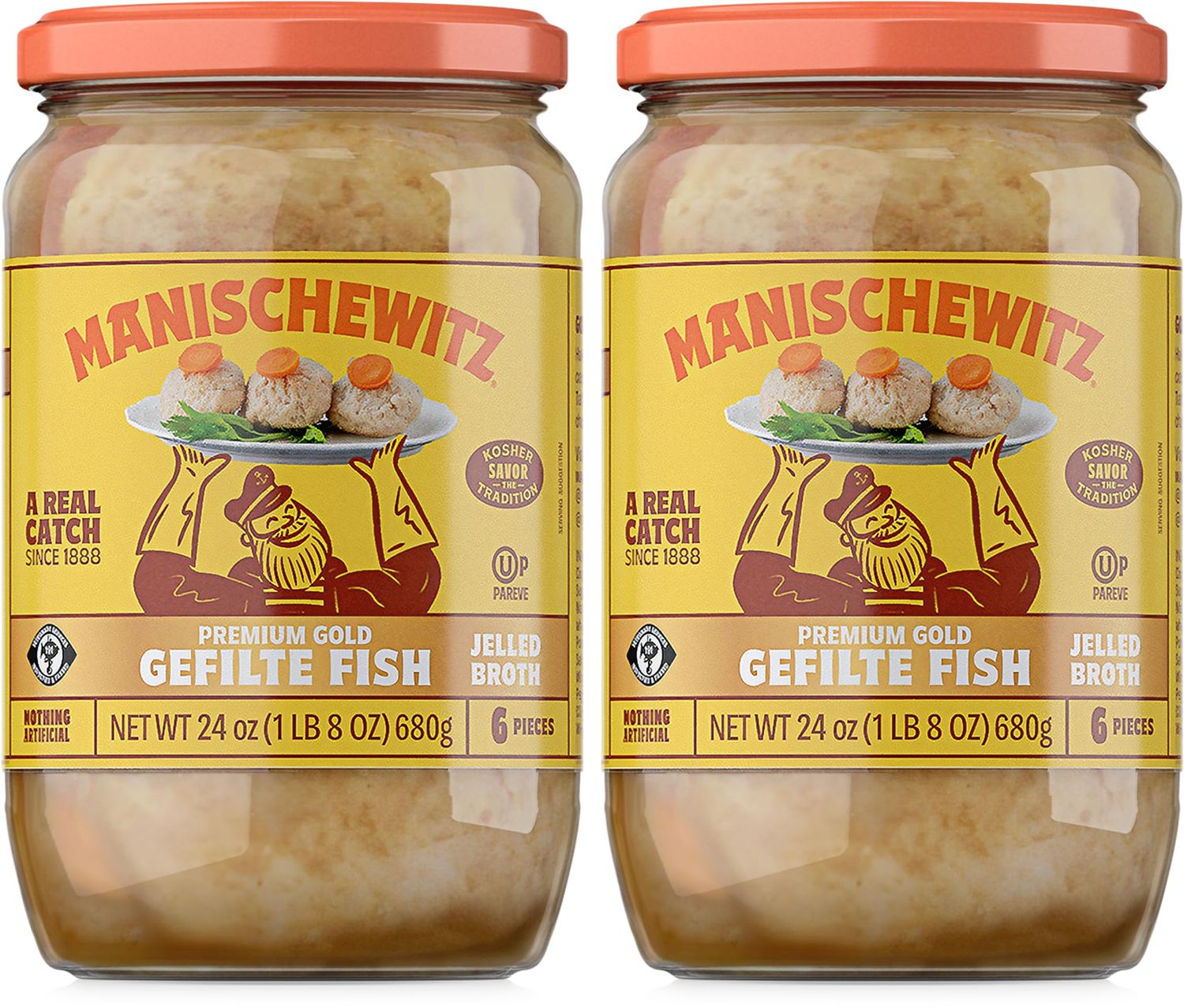 Manischewitz Premium Gold Gefilte Fish with Carrots 24oz (2 Pack), Kosher for Passover