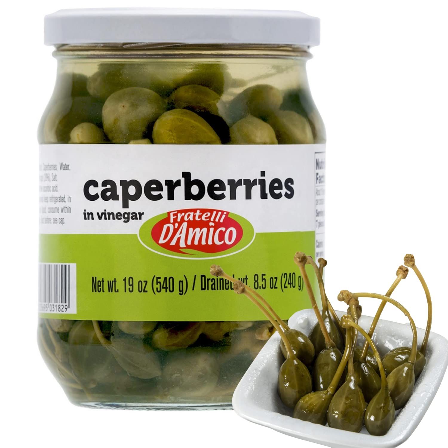 Caperberries, Premium Qulaity, First Selection, Pickled, Capers, Family Size, 19oz (540g), NON-GMO, Fratelli D&#39;Amico, Product of Italy.