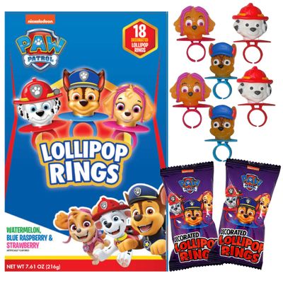 Decorated PAW Patrol Themed Lollipop Rings, Assorted Fruit Flavored Hard Candies, 18 Individually Wrapped Pieces