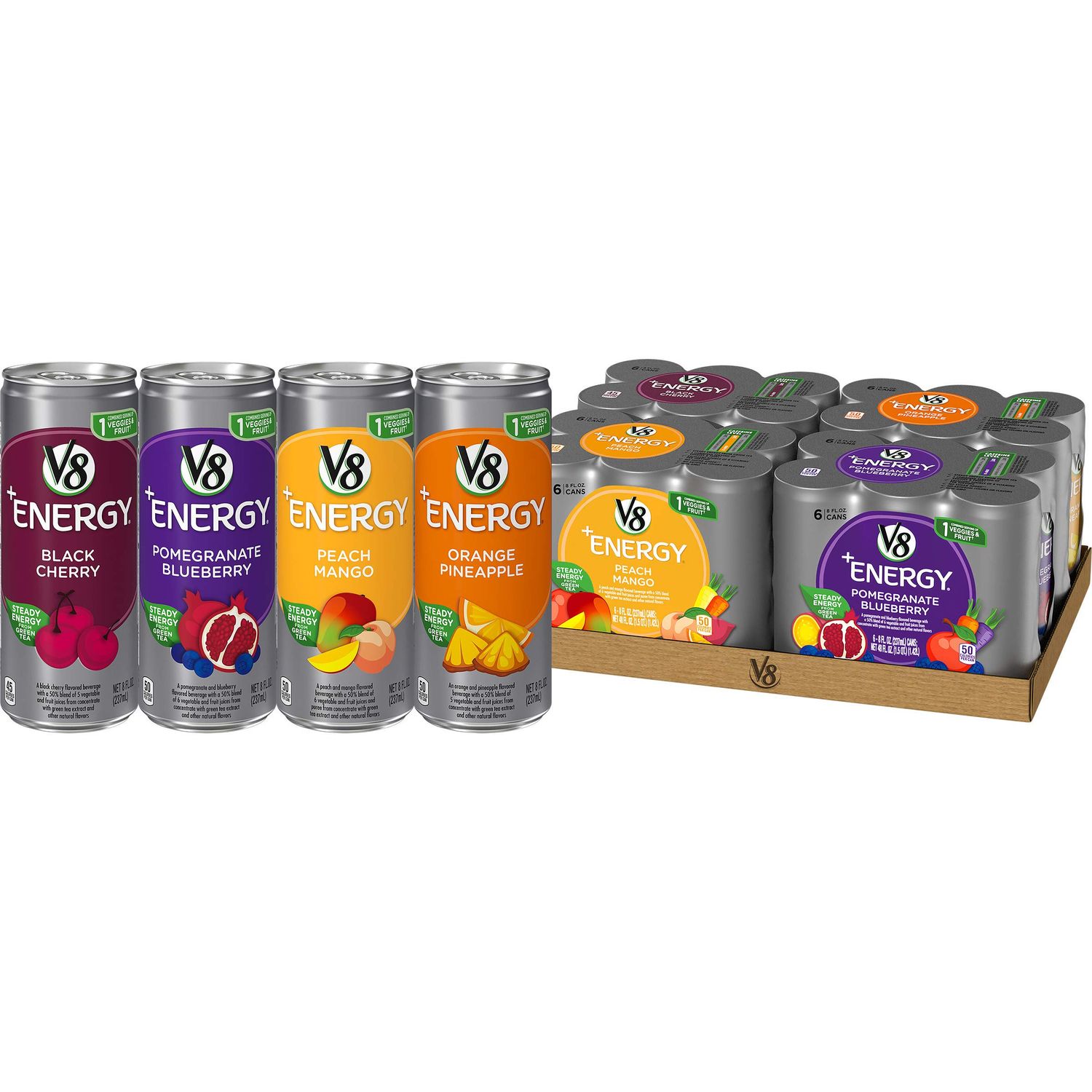 V8 +Energy Variety Pack, Pomegranate Blueberry, Orange Pineapple, Peach Mango, Black Cherry,8 Fl Oz (Pack of 24)