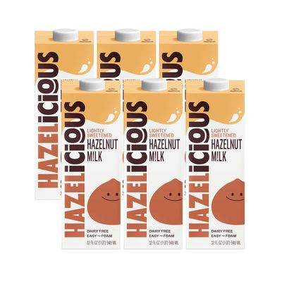 Hazelicious Lightly Sweetened Hazelnut Milk, Vegan, Non-GMO, Non-Dairy and Plant-Based, Froths Perfectly and Barista-Friendly, 32 oz Cartons (Pack of 6)