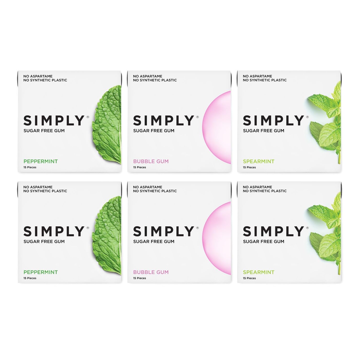 Simply Gum | Sugar Free Xylitol Chewing Gum | Variety Pack- Bubblegum, Peppermint, Spearmint | Pack of Six (90 Pieces Total) | Synthetic Free + Sugar Free + Aspartame Free