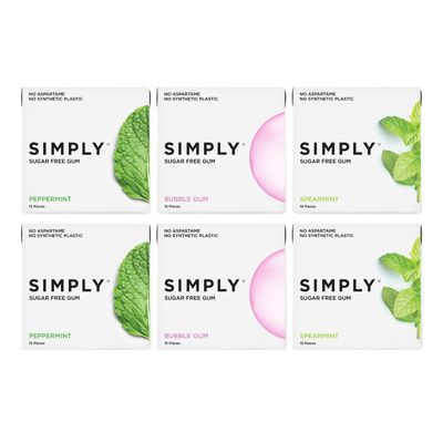 Simply Gum | Sugar Free Xylitol Chewing Gum | Variety Pack- Bubblegum, Peppermint, Spearmint | Pack of Six (90 Pieces Total) | Synthetic Free + Sugar Free + Aspartame Free