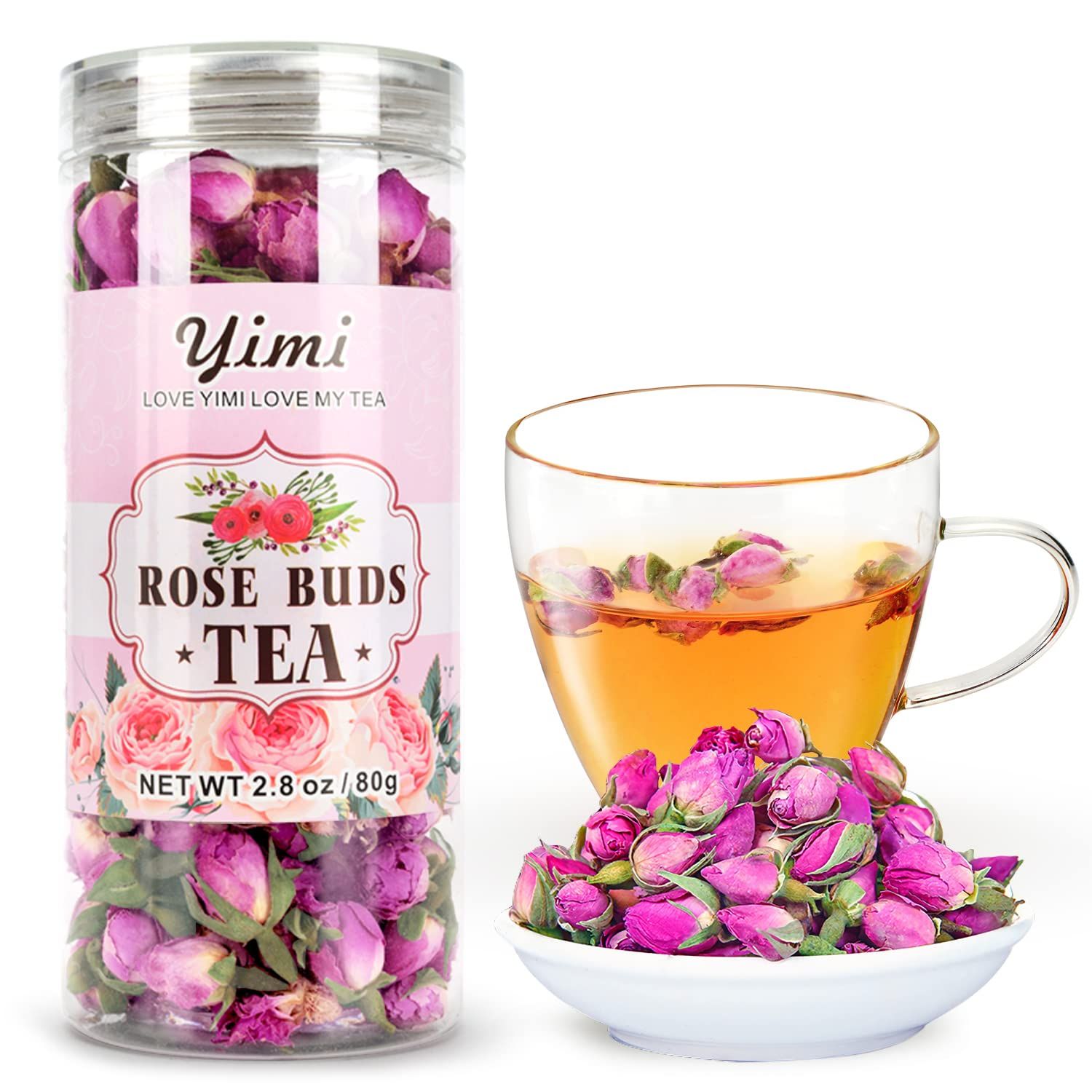 Yimi Rose Buds Tea, Whole Edible Dried Roses Loose Leaf Flowers, Floral Herbal Tea Beverages, Ideal Gift for Christmas, 2.8 Oz