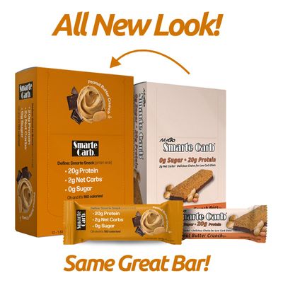 NuGo Smarte Carb 20g Protein 0g Sugar, 2g Net Carbs 160 Calories Brown, Sugar free Peanut Butter Crunch, 12 Count