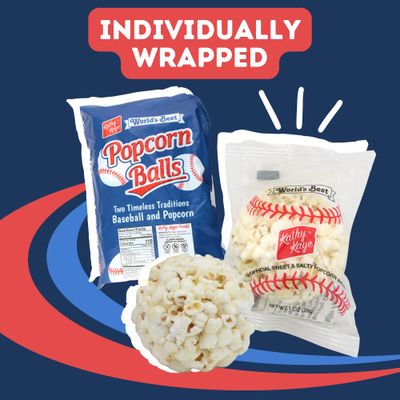 Kathy Kaye Individually Wrapped Popcorn Balls, Bulk Baseball Themed Party Favors, 18 Count