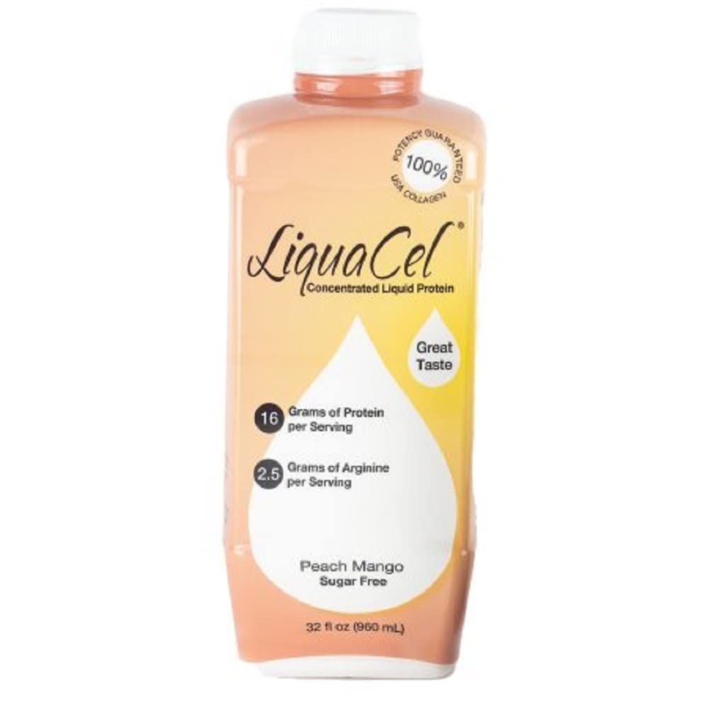 LiquaCel Peach Mango Liquid Protein, Sugar &amp; Gluten Free, 32 oz Bottle, Hydrolyzed Collagen, 16g Protein per Serving, Ideal for Clear Fluid Diets and Lactose Intolerant Individuals