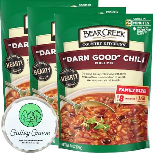 Darn Good Chili Dry Soup Mix Starter Kit From Bear Crk, Just Add Water, Family Size Bulk (3-Pack) Pre-Packaged, Cooks in 25 Minutes, 24 Servings Bundle With Galley Grove Breath Mints