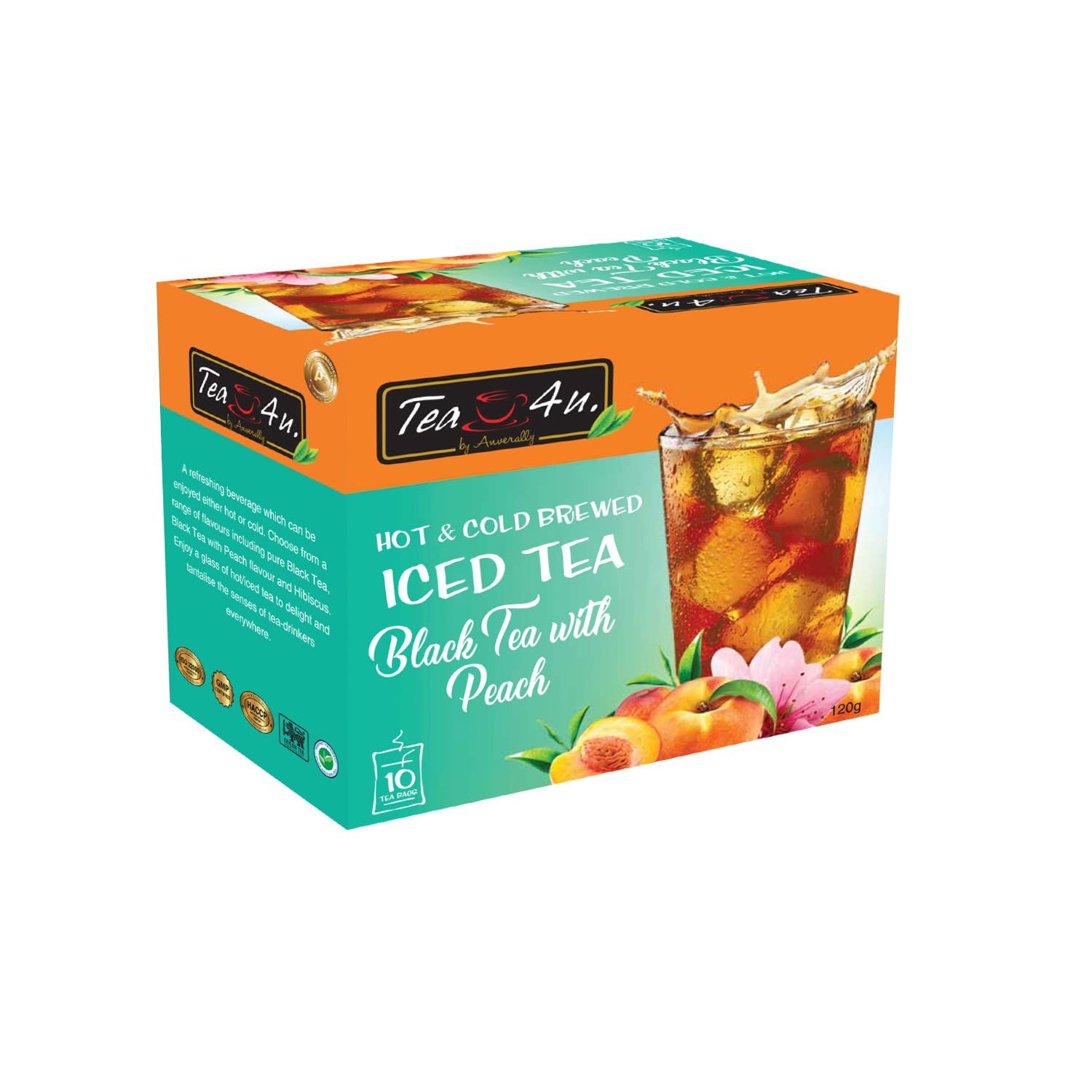 Tea4U Peach Iced TeaBags - Ideal Quality Cold and Hot Brew from Sri Lanka&#39;s Finest Leaves and Expertly Blended - Each Tea Bag Produces Half-Gallon Iced Tea - Convenient Packaging - 10 Count